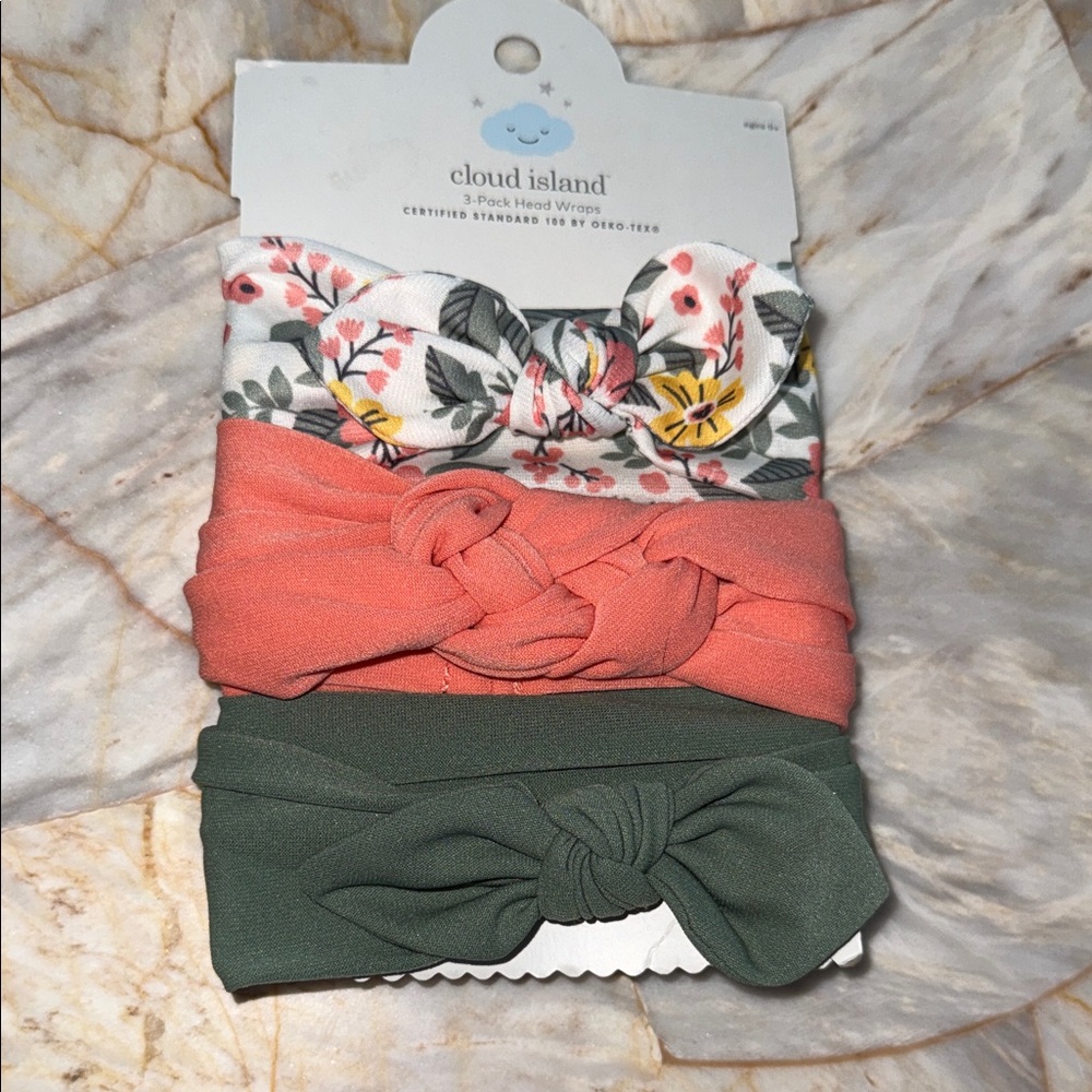Cloud Island 3-Pack Baby Head Wraps Floral Coral Sage Green One Size NEW